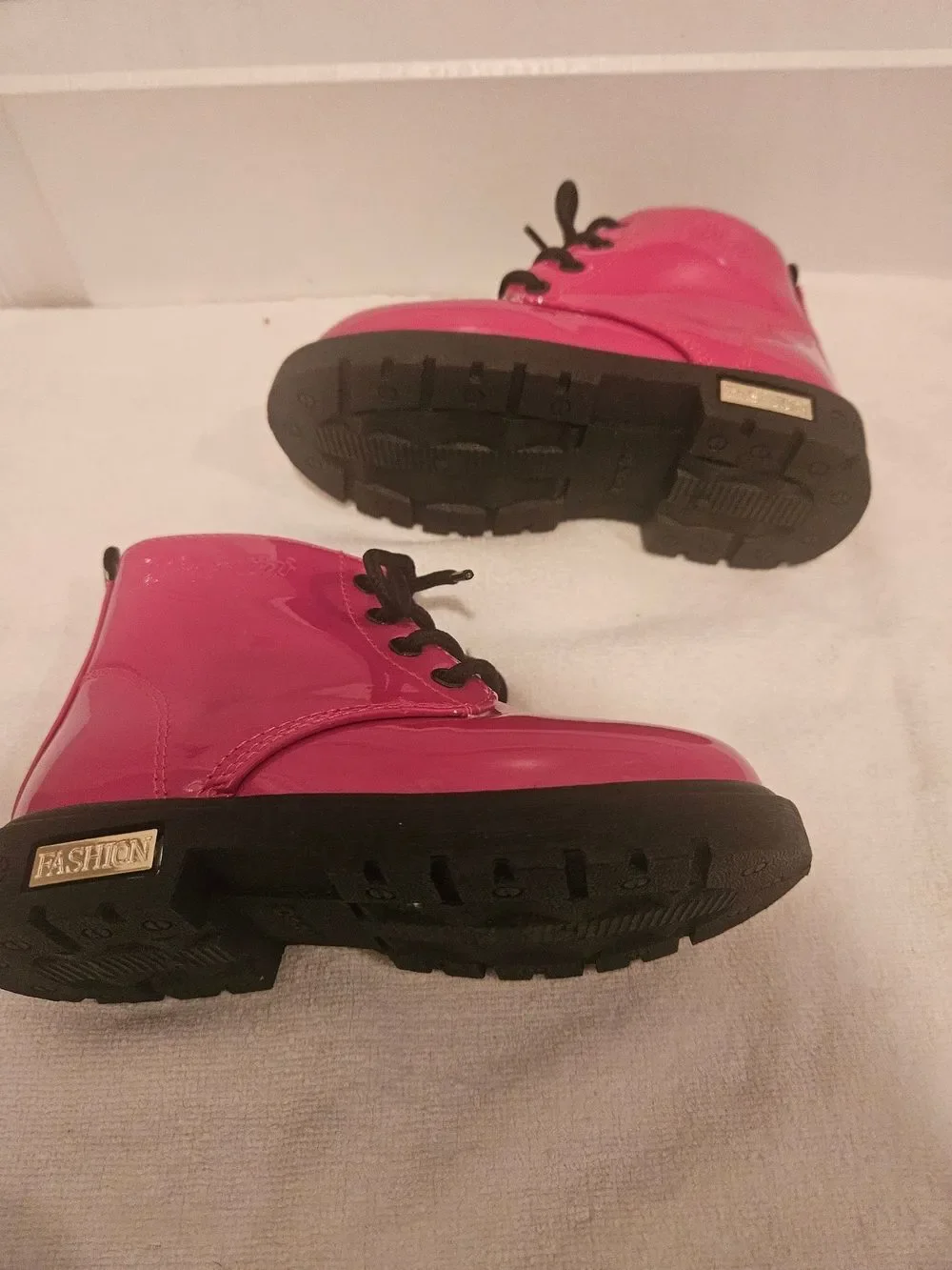 Girls' Shiny Hot Pink Lace-Up Ankle Boots with Cozy Lining
